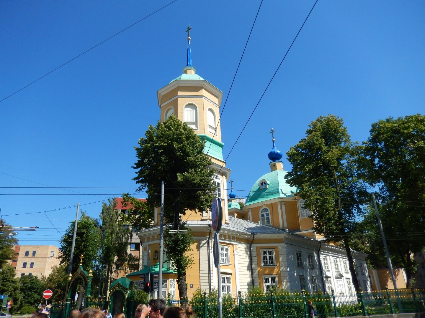 Riga, Latvia 2015 An unusual wooden church with blue steeple and onion dome.