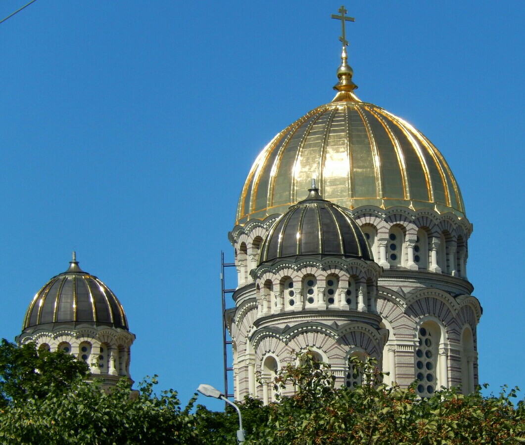 Riga, Latvia 2015 The golden domes of the Nativity of Christ Cathedral.