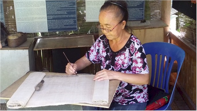 SE Asia Tour 2014 This Hmong lady was applying a natural ink pattern to the fabric before it is dyed a stunning indigo colour.