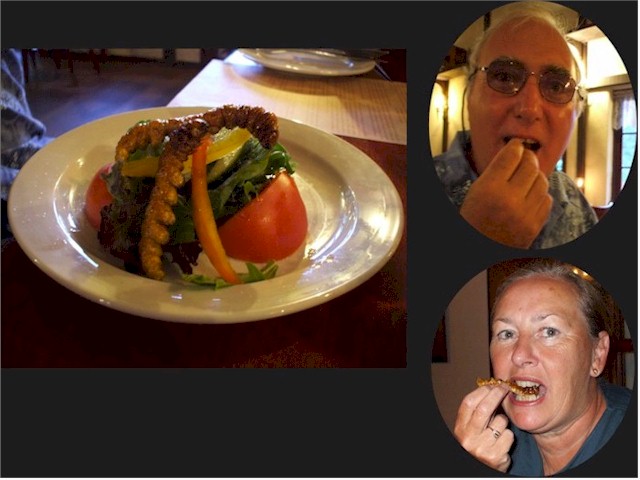 Bravely eating Witchetty Grubs at the Old Mahogany Inn with Tom & Sue after our 'shakedown' cruise of 6,000km!