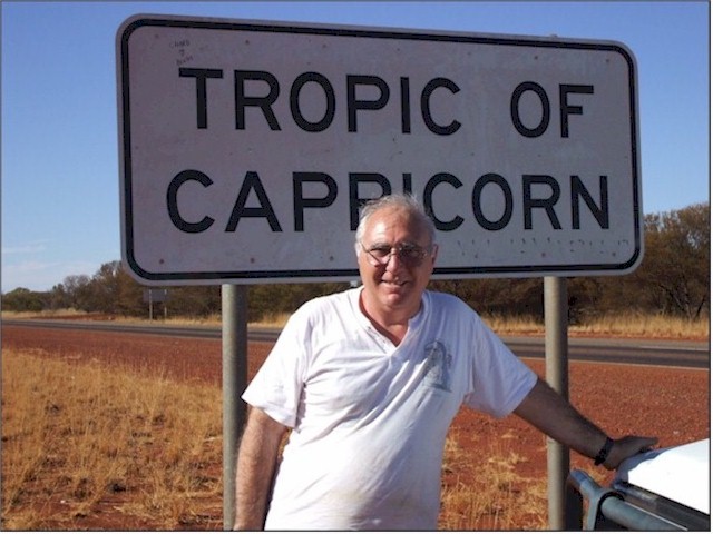 Keith (a Capricorn) crosses the Tropic of Capricorn - this time on land so there is a sign to mark the occasion!