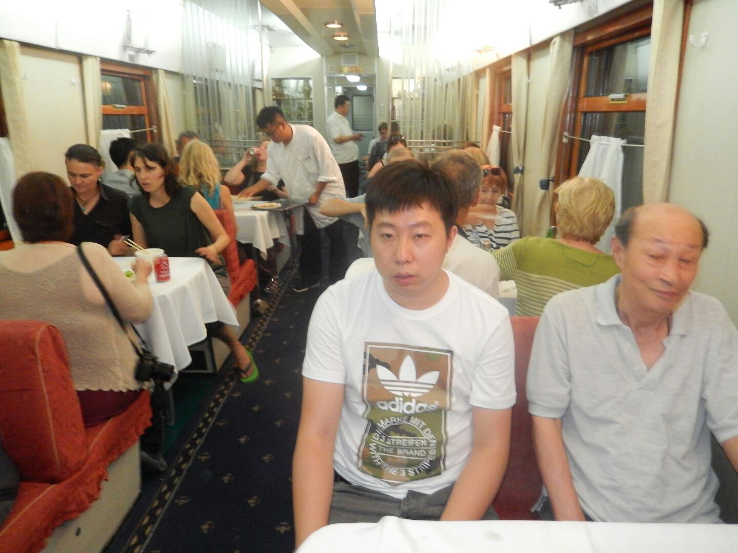 Inside the dining car on board the Beijing to Ulaanbataar section of the journey. The food was good - and free!