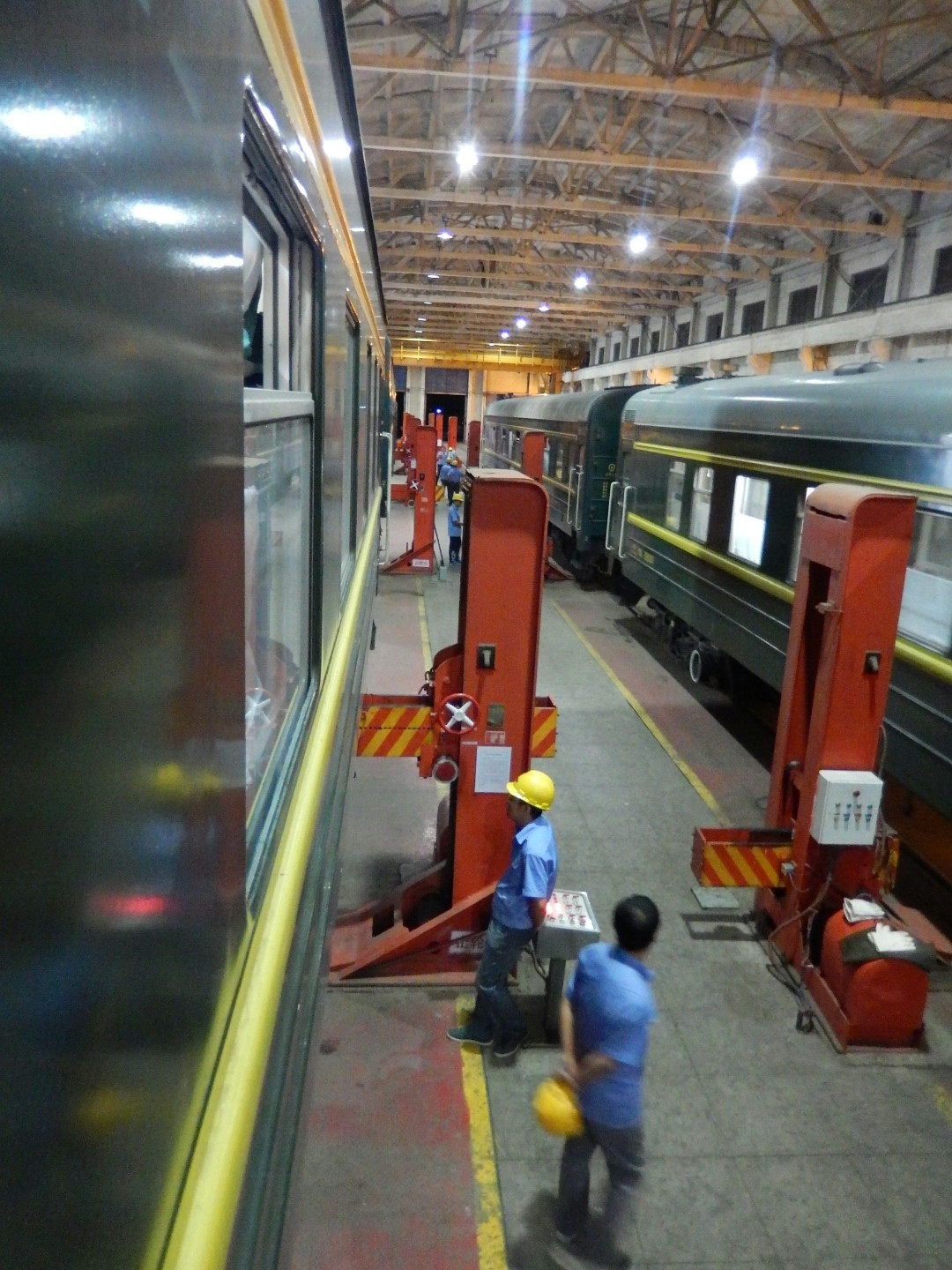 ... where the carriages are raised by huge hydraulic jacks...