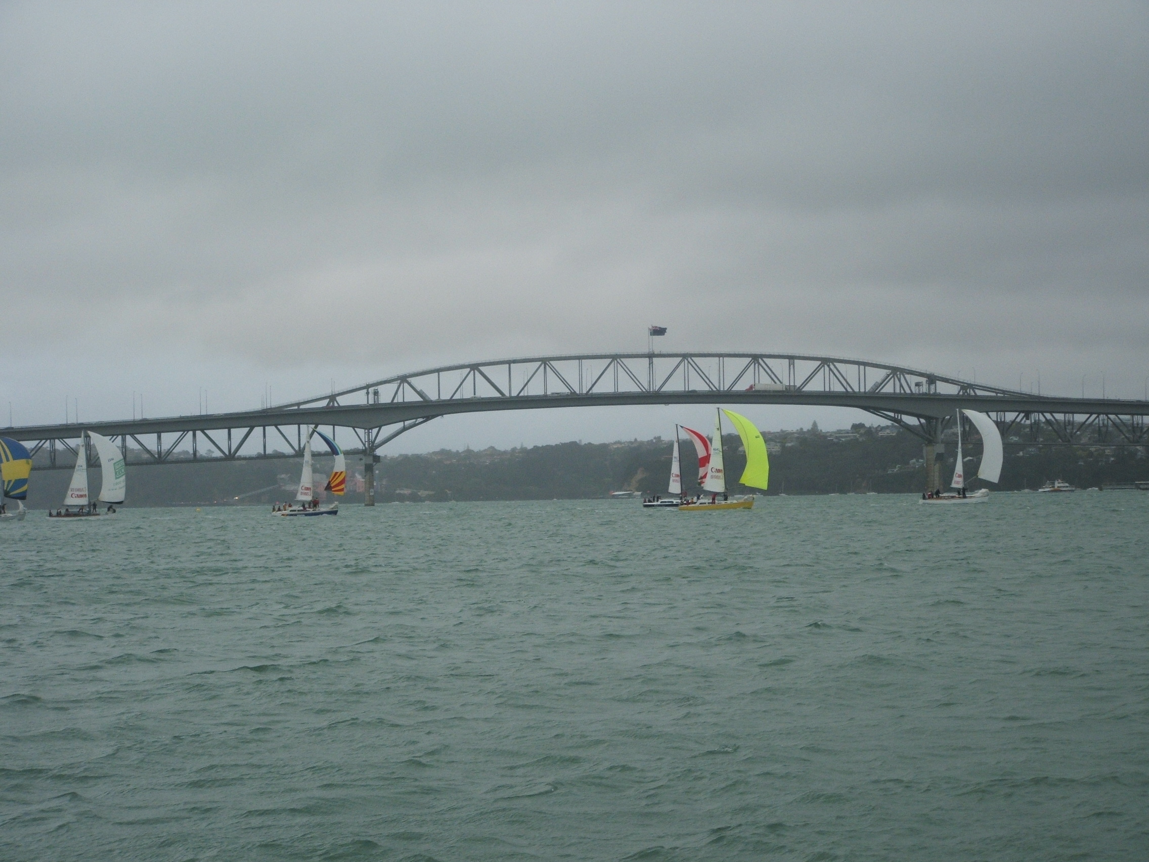 As we arrive in Auckland, the wind was gusting up to 30 knots but the Kiwis still had their spinnakers up!
