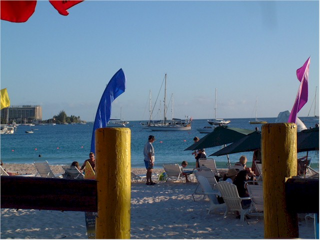
Poco Andante at anchor off a resort on Carlisle Bay, Barbados.