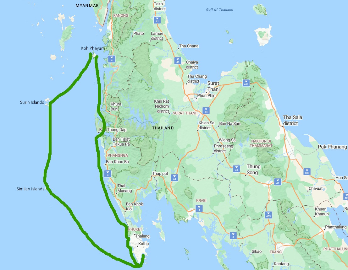 Route north from Phuket to the border with Myanmar