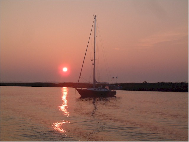 Then it was around the corner to Delaware - this is Poco Andante at anchor at Cohansey Bay...