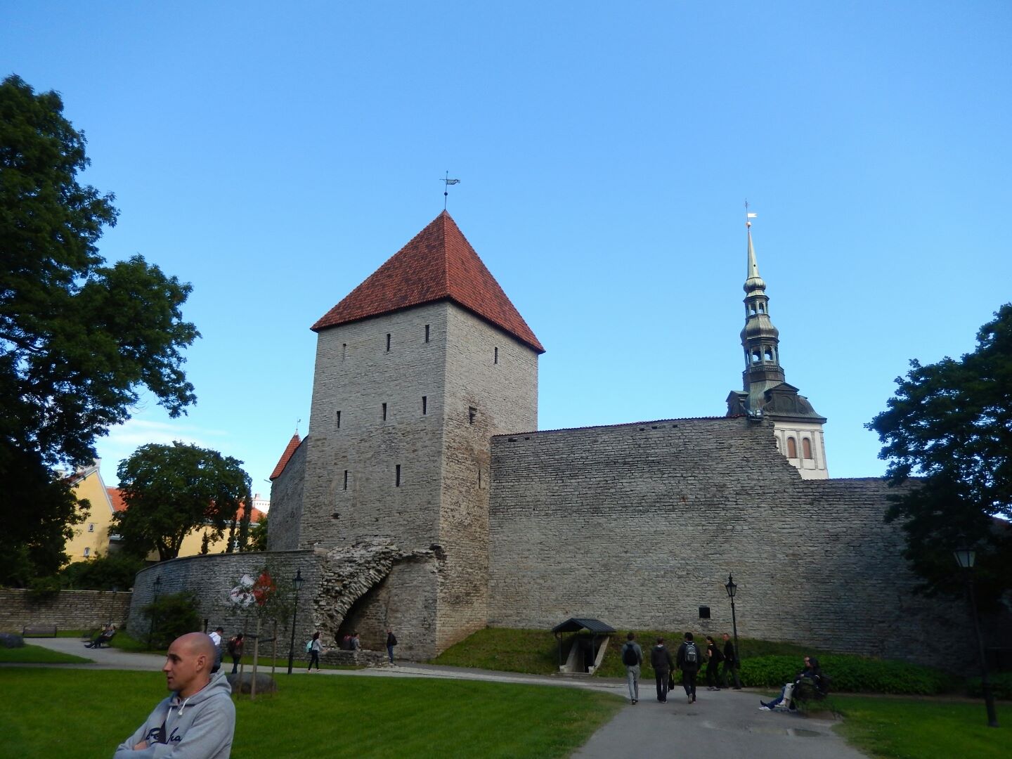 One of the towers in the old city walls, with St Nicholas Church in the background.
