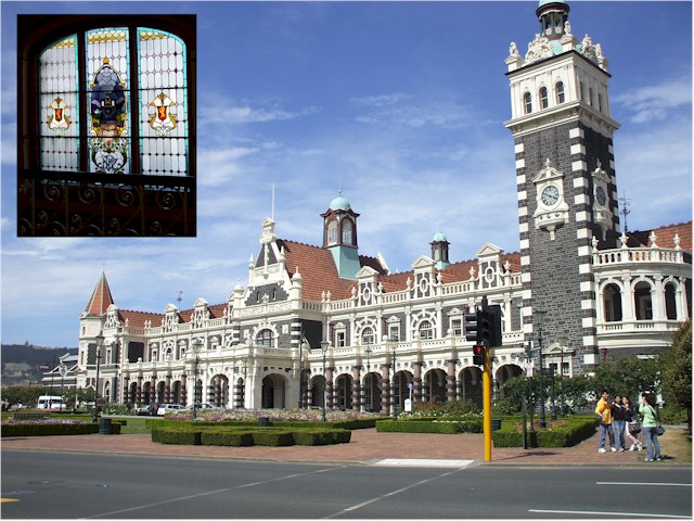 Dunedin Train Station with its lovely stained glass window featuring an old steam train.
