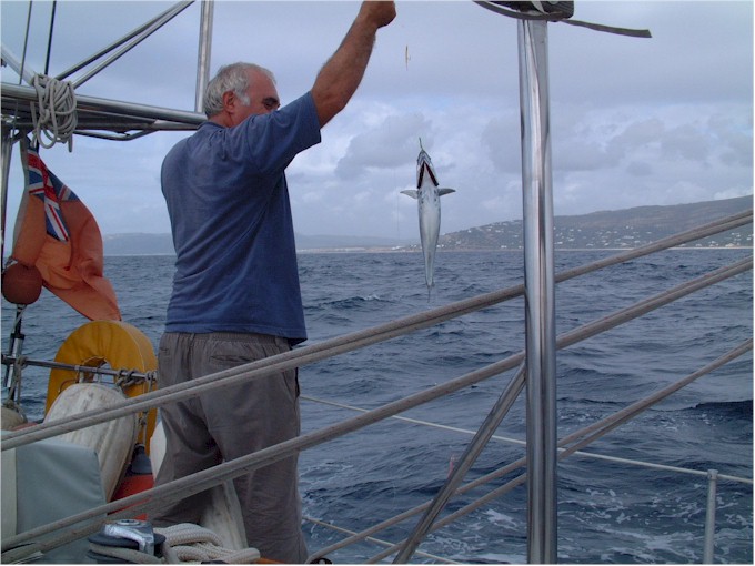 Keith catches his first fish - a fine Spanish mackeral about 1.5kg.
