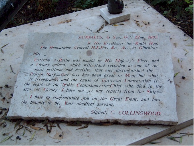 A plaque announcing the successful Battle of Trafalgar and the death of Lord Nelson.
