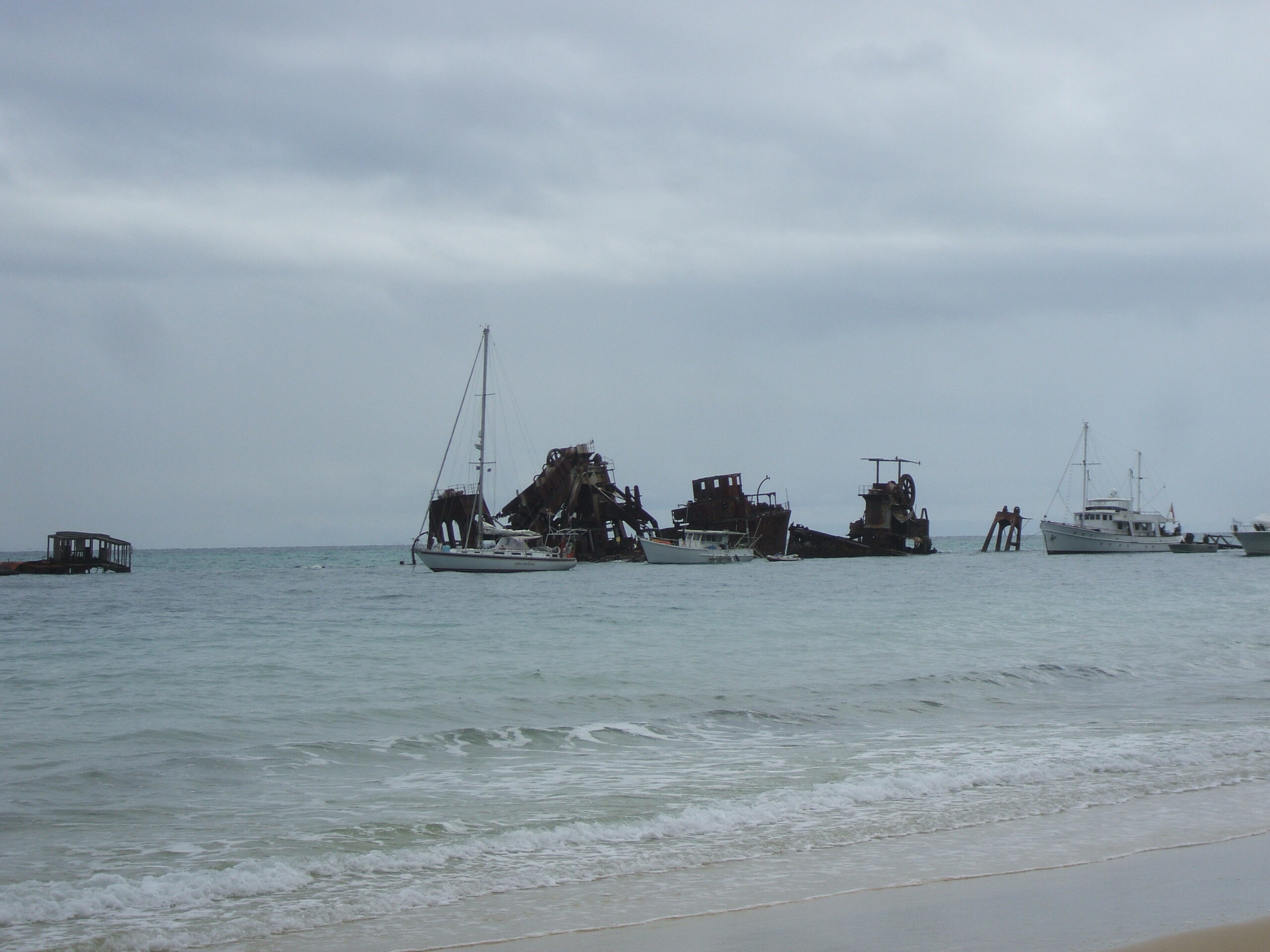 We finally resume cruising July 2011 - anchored amongst the wrecks of Tangalooma at Moreton Island...
