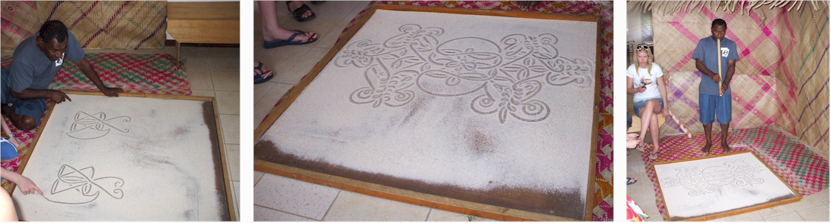 A demonstration of sand drawing at the Port Vila museum - and its meaning explained in story and music.
