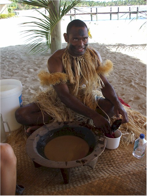 A Fijian warrior serving kava - and the next clue in the Treasure Hunt.
