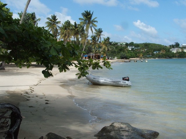 We do some running repairs to the dinghy at Prickly Bay.
