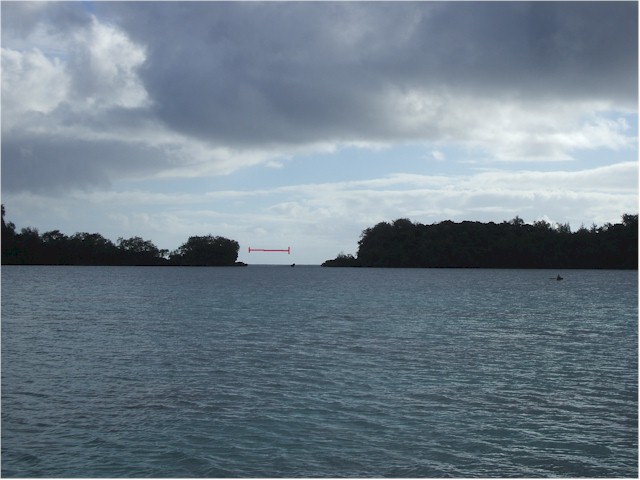 The pass into Hunga Lagoon - (the line shows how narrow it is)...
