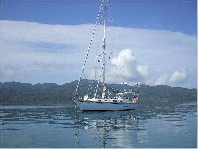 Poco Andante in the beautiful anchorage at Vao Island.
