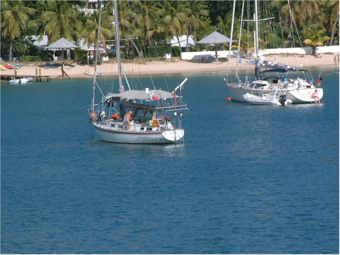 Poco Andante at anchor in English Harbour, Antigua.