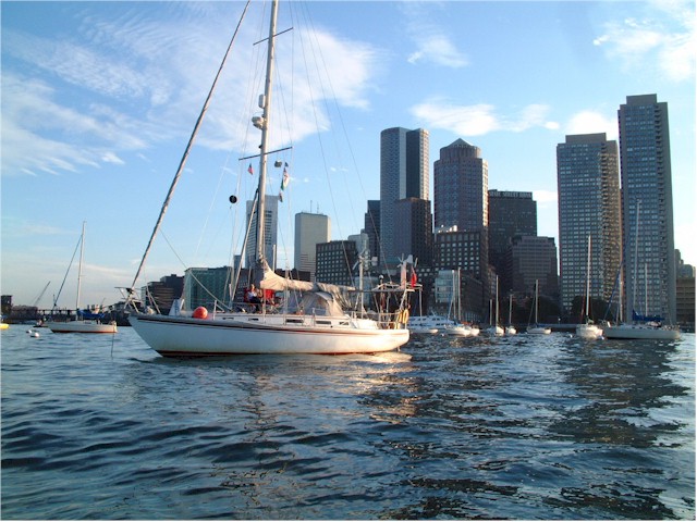 
Poco Andante at anchor in downtown Boston.
