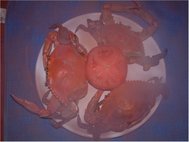 The local delicacy, Blue Crabs, courtsy of Billy.
