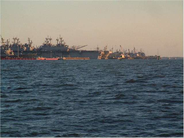 Sailing past Hampton Roads, Norfolk - home of the US Navy.
