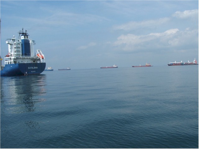 Ships waiting to go through the Panama Canal.