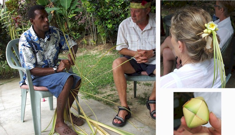 A demonstration of weaving at the Aore Island Resort, Luganville. The little square is a ball used as a children's toy.
