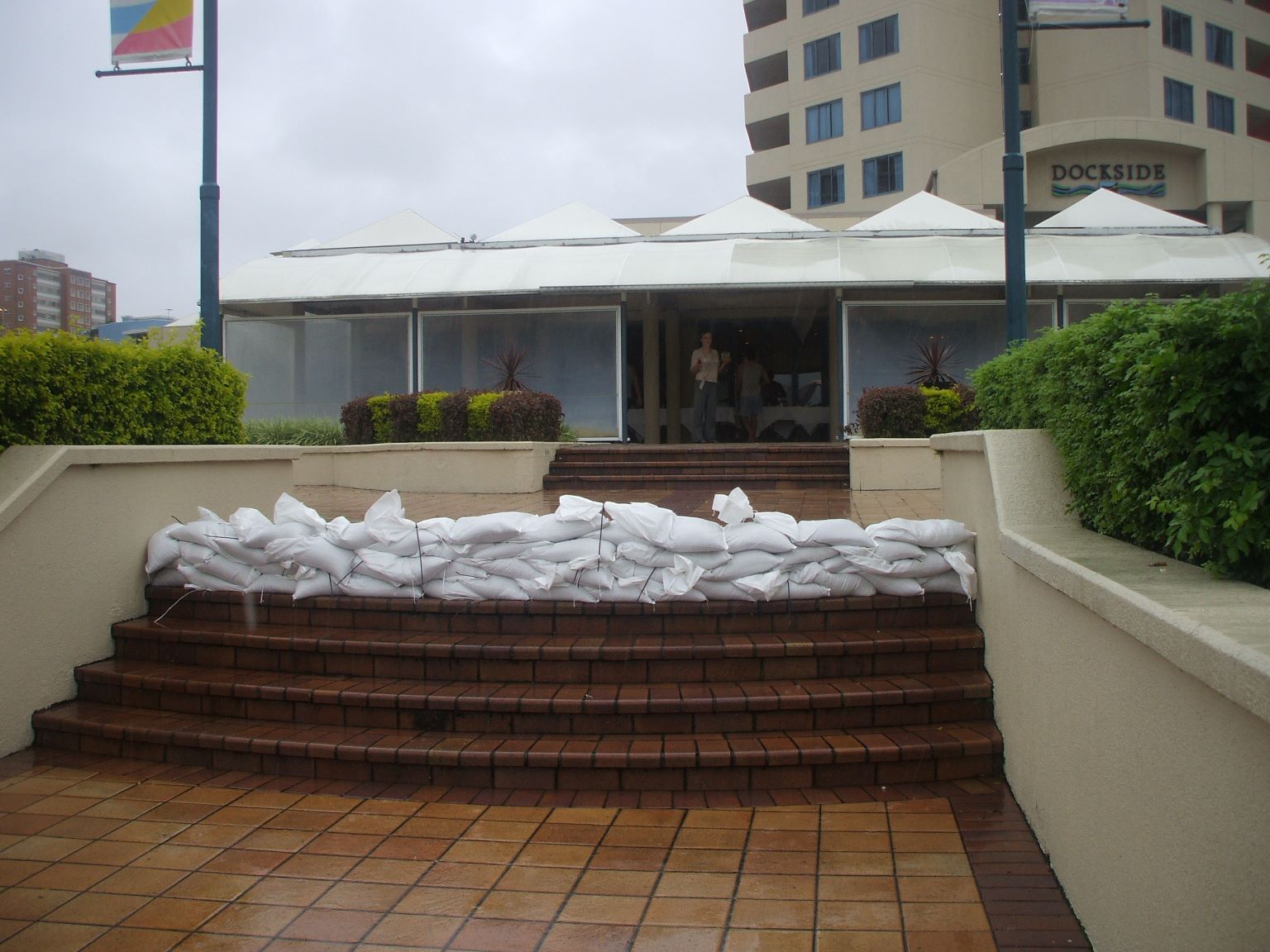 Dockside Hotel (where we are staying) with sandbag.