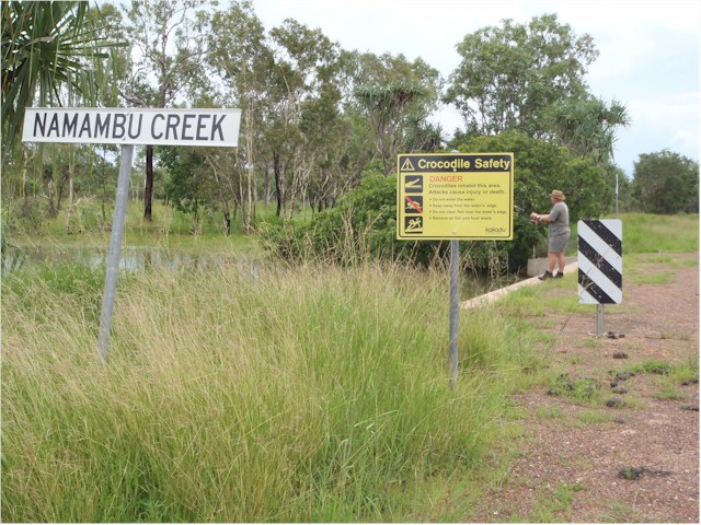 
Keith tries to catch a barramundi - despite all the warning signs to beware of crocs...