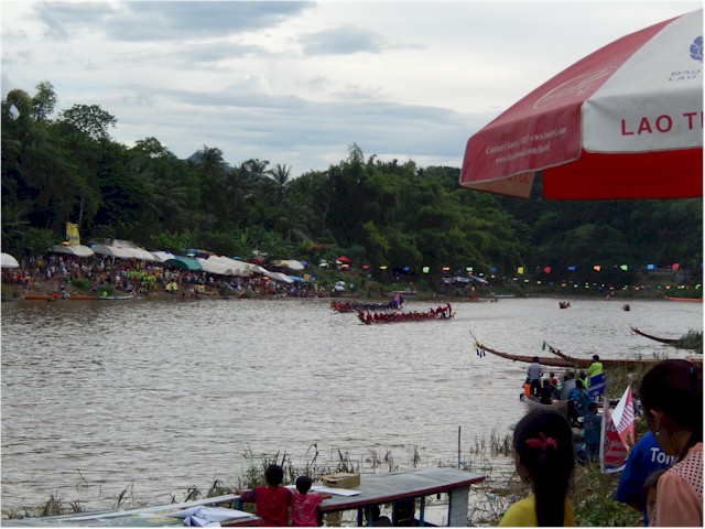 The boats raced from the Mekong around into the Nam Khan river - the whole town turned out to support their teams.
