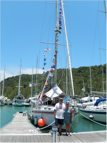 We 'dressed overall' with the flags from all 47 countries we have visited on board Poco Andante - a sad day.
